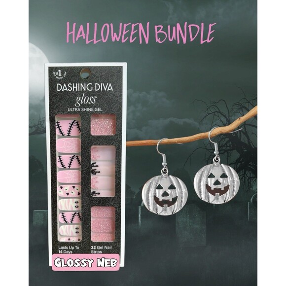 👻HALLOWEEN BUNDLE-Dashing Diva Gloss Gel Nail Strips & Silver Pumpkin Earrings - Picture 1 of 5